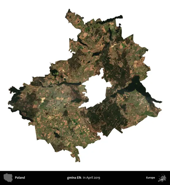 Gmina Geyiği. Polonya idari bölgesi, Nisan 2019 'da çekilen Kopernik Nöbetçi karolarından oluşan bir uydu görüntüsü üzerinde beyaza izole edildi.
