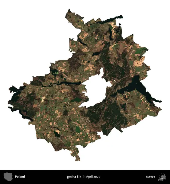 Gmina Geyiği. Polonya idari bölgesi, Nisan 2020 'de çekilen Kopernik Nöbetçi karolarından oluşan bir uydu görüntüsü üzerinde beyaza izole edildi.