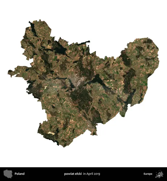 powiat elcki. Polonya idari bölgesi, Nisan 2019 'da çekilen Kopernik Nöbetçi karolarından oluşan bir uydu görüntüsü üzerinde beyaza izole edildi.