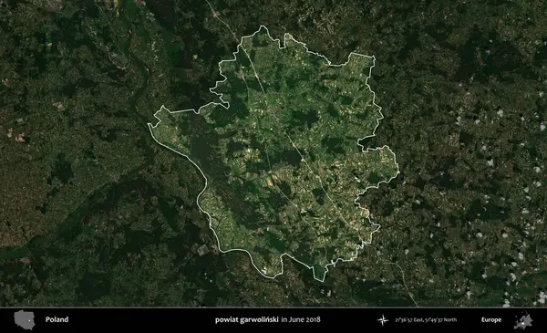 powiat garwolinski. Polonya 'nın idari alanı, Haziran 2018' de çekilen Kopernik Nöbetçi karolarından oluşan koyu renkli bir uydu görüntüsüyle vurgulandı ve özetlendi