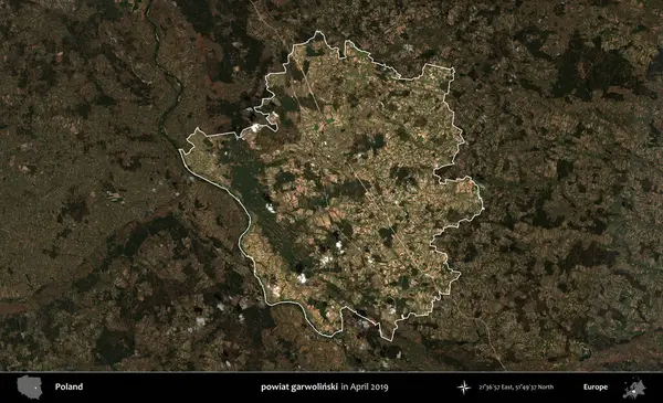 powiat garwolinski. Polonya 'nın idari alanı, Nisan 2019' da çekilen Kopernik Nöbetçi karolarından oluşan koyu renkli bir uydu görüntüsü üzerine vurgulandı ve özetlendi.