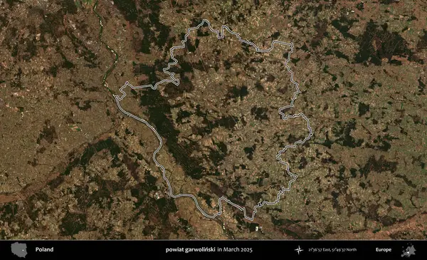 powiat garwolinski. Polonya 'nın idari bölgesinin ana hatları, Mart 2025' te çekilen Kopernik Nöbetçi karolarından oluşan bir uydu görüntüsü üzerine çizildi.