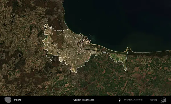 Gdansk. Polonya 'nın idari alanı, Nisan 2019' da çekilen Kopernik Nöbetçi karolarından oluşan koyu renkli bir uydu görüntüsü üzerine vurgulandı ve özetlendi.