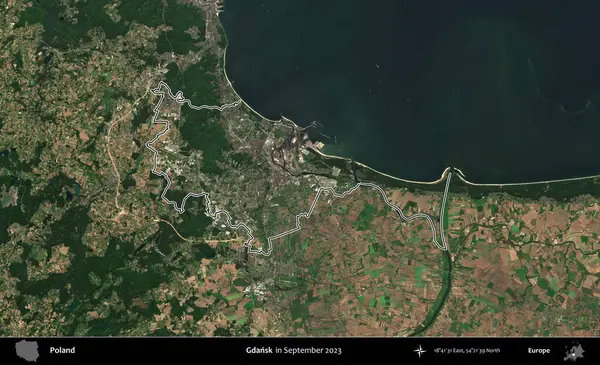 Gdansk. Eylül 2023 'te çekilen Copernicus Sentinel karolarından oluşan bir uydu görüntüsü üzerine Polonya' nın idari bölgesinin ana hatlarını belirledik.