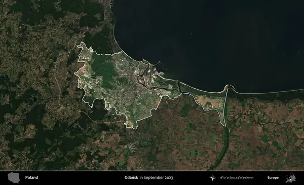 Gdansk. Polonya 'nın idari alanı, Eylül 2023' te çekilen Kopernik Nöbetçi karolarından oluşan koyu renkli bir uydu görüntüsü üzerine vurgulandı ve özetlendi.