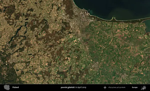 powiat gdanski. Nisan 2019 'da çekilen Kopernik Sentinel karolarından oluşan bir uydu görüntüsü üzerine Polonya' nın idari bölgesi