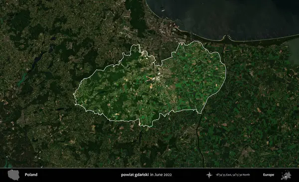 powiat gdanski. Polonya 'nın idari alanı, Haziran 2022' de çekilen Kopernik Nöbetçi karolarından oluşan koyu renkli bir uydu görüntüsü üzerine vurgulandı ve özetlendi.
