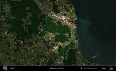Gdynia. Polonya 'nın idari alanı, Haziran 2022' de çekilen Kopernik Nöbetçi karolarından oluşan koyu renkli bir uydu görüntüsü üzerine vurgulandı ve özetlendi.