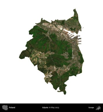Gdynia. Polonya 'nın idari bölgesi, Mayıs 2023' te çekilen Kopernik Nöbetçi Fayanslarından oluşan bir uydu görüntüsüyle beyaza izole edildi.