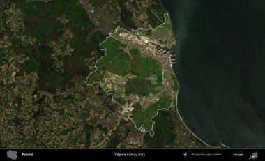 Gdynia. Polonya 'nın idari alanı, Mayıs 2023' te çekilen Kopernik Nöbetçi karolarından oluşan koyu renkli bir uydu görüntüsü üzerinde vurgulandı ve özetlendi.