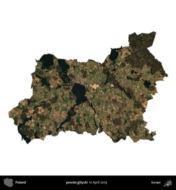 powiat gizycki. Polonya idari bölgesi, Nisan 2019 'da çekilen Kopernik Nöbetçi karolarından oluşan bir uydu görüntüsü üzerinde beyaza izole edildi.