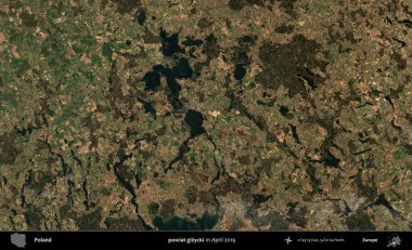 powiat gizycki. Nisan 2019 'da çekilen Kopernik Sentinel karolarından oluşan bir uydu görüntüsü üzerine Polonya' nın idari bölgesi