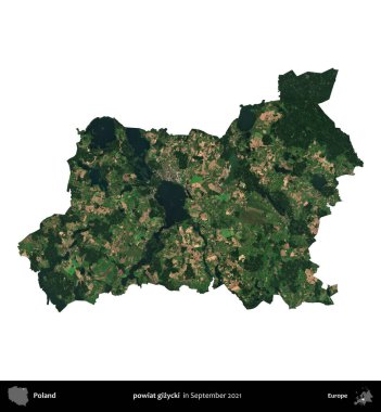 powiat gizycki. Polonya idari bölgesi, Eylül 2021 'de çekilen Kopernik Nöbetçi karolarından oluşan bir uydu görüntüsü üzerinde beyaza izole edildi.