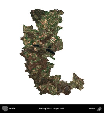 powiat gliwicki. Polonya idari bölgesi, Nisan 2020 'de çekilen Kopernik Nöbetçi karolarından oluşan bir uydu görüntüsü üzerinde beyaza izole edildi.