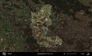 powiat gliwicki. Polonya 'nın idari alanı, Nisan 2020' de çekilen Kopernik Nöbetçi karolarından oluşan koyu renkli bir uydu görüntüsü üzerine vurgulandı ve özetlendi