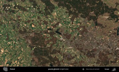 powiat gliwicki. Nisan 2020 'de Copernicus Sentinel karolarından oluşan bir uydu görüntüsü üzerine Polonya' nın idari bölgesi