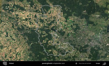 powiat gliwicki. Eylül 2020 'de çekilen Kopernik Nöbetçi karolarından oluşan bir uydu görüntüsü üzerine Polonya' nın idari bölgesinin ana hatlarını çizdim.