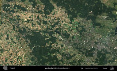 powiat gliwicki. Eylül 2020 'de Copernicus Sentinel karolarından oluşan bir uydu görüntüsü üzerine Polonya' nın idari bölgesi