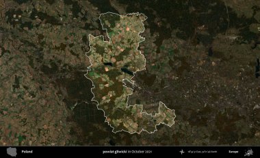 powiat gliwicki. Polonya 'nın idari alanı, Ekim 2021' de çekilen Kopernik Nöbetçi karolarından oluşan koyu renkli bir uydu görüntüsü üzerine vurgulandı ve özetlendi