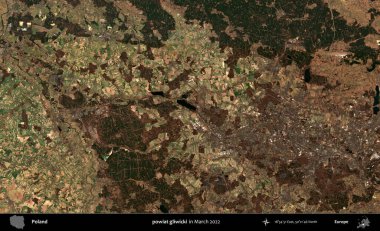powiat gliwicki. Copernicus Sentinel 'in Mart 2022' de çekilmiş uydu görüntüsü üzerine Polonya 'nın idari bölgesi.