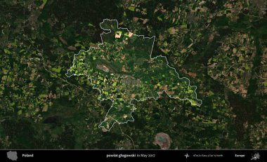 powiat glogowski. Polonya 'nın idari alanı, Mayıs 2017' de çekilen Kopernik Nöbetçi karolarından oluşan koyu renkli bir uydu görüntüsü üzerinde vurgulandı ve özetlendi.