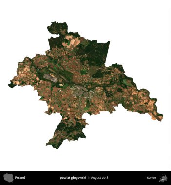 powiat glogowski. Polonya idari bölgesi, Ağustos 2018 'de çekilen Kopernik Nöbetçi karolarından oluşan bir uydu görüntüsü üzerinde beyaza izole edildi.