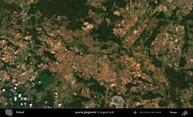 powiat glogowski. Copernicus Sentinel 'in Ağustos 2018' de çekilmiş uydu görüntüsü üzerine Polonya 'nın idari bölgesi