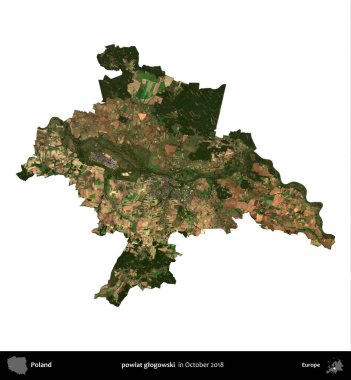 powiat glogowski. Polonya idari bölgesi, Ekim 2018 'de çekilen Kopernik Nöbetçi karolarından oluşan bir uydu görüntüsü üzerinde beyaza izole edildi.