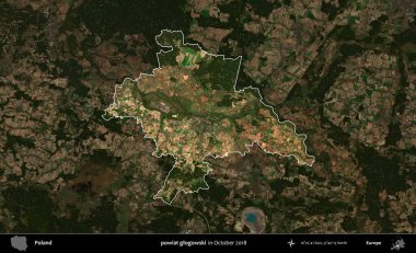 powiat glogowski. Polonya 'nın idari alanı, Ekim 2018' de çekilen Kopernik Nöbetçi karolarından oluşan koyu renkli bir uydu görüntüsü üzerine vurgulandı ve özetlendi