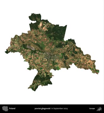 powiat glogowski. Polonya idari bölgesi, Eylül 2024 'te çekilen Kopernik Nöbetçi karolarından oluşan bir uydu görüntüsü üzerinde beyaza izole edildi.
