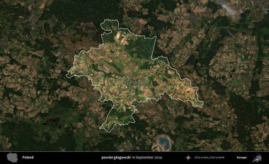 powiat glogowski. Polonya 'nın idari alanı, Eylül 2024' te çekilen Kopernik Nöbetçi karolarından oluşan koyu renkli bir uydu görüntüsü üzerine vurgulandı ve özetlendi