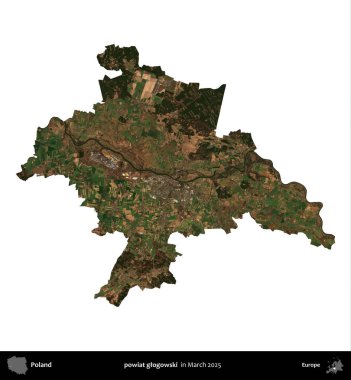 powiat glogowski. Polonya idari bölgesi, Mart 2025 'te çekilen Kopernik Nöbetçi karolarından oluşan bir uydu görüntüsü üzerinde beyaza izole edildi.