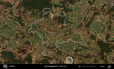 powiat glogowski. Polonya 'nın idari bölgesinin ana hatları, Mart 2025' te çekilen Kopernik Nöbetçi karolarından oluşan bir uydu görüntüsü üzerine çizildi.