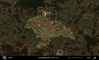 powiat glogowski. Polonya 'nın idari alanı, Mart 2025' te çekilen Kopernik Nöbetçi karolarından oluşan koyu renkli bir uydu görüntüsü üzerine vurgulandı ve özetlendi