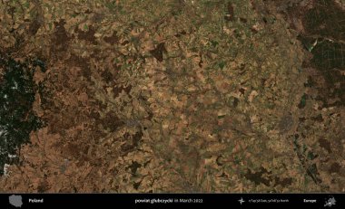 powiat glubczycki. Copernicus Sentinel 'in Mart 2022' de çekilmiş uydu görüntüsü üzerine Polonya 'nın idari bölgesi.