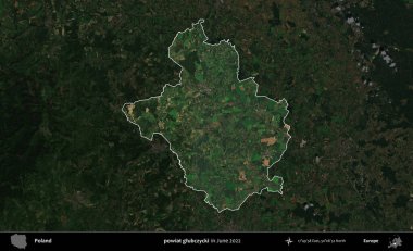 powiat glubczycki. Polonya 'nın idari alanı, Haziran 2022' de çekilen Kopernik Nöbetçi karolarından oluşan koyu renkli bir uydu görüntüsü üzerine vurgulandı ve özetlendi.