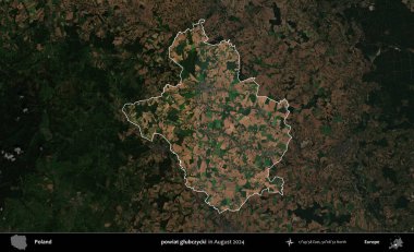 powiat glubczycki. Polonya 'nın idari alanı, Ağustos 2024' te çekilen Kopernik Nöbetçi karolarından oluşan koyu renkli bir uydu görüntüsü üzerine vurgulandı ve özetlendi.