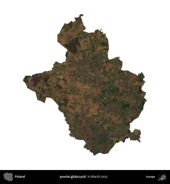 powiat glubczycki. Polonya idari bölgesi, Mart 2025 'te çekilen Kopernik Nöbetçi karolarından oluşan bir uydu görüntüsü üzerinde beyaza izole edildi.