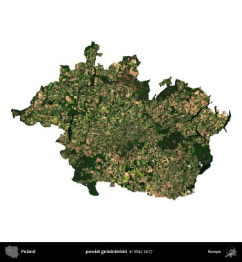 powiat gnieznienski. Polonya idari bölgesi, Mayıs 2017 'de çekilen Kopernik Nöbetçi karolarından oluşan bir uydu görüntüsü üzerinde beyaza izole edildi.