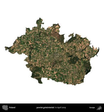 powiat gnieznienski. Polonya idari bölgesi, Nisan 2019 'da çekilen Kopernik Nöbetçi karolarından oluşan bir uydu görüntüsü üzerinde beyaza izole edildi.