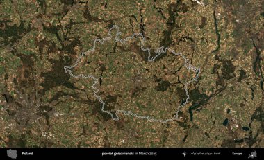 powiat gnieznienski. Polonya 'nın idari bölgesinin ana hatları, Mart 2025' te çekilen Kopernik Nöbetçi karolarından oluşan bir uydu görüntüsü üzerine çizildi.