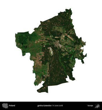 gmina Goleniow. Polonya idari bölgesi, Haziran 2018 'de çekilen Kopernik Nöbetçi karolarından oluşan bir uydu görüntüsü üzerinde beyaza izole edildi.