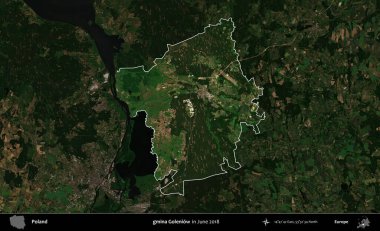 gmina Goleniow. Polonya 'nın idari alanı, Haziran 2018' de çekilen Kopernik Nöbetçi karolarından oluşan koyu renkli bir uydu görüntüsüyle vurgulandı ve özetlendi