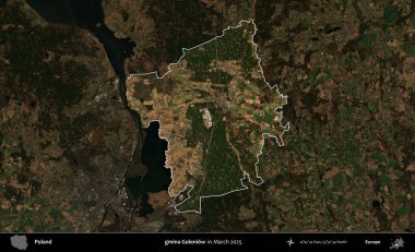 gmina Goleniow. Polonya 'nın idari alanı, Mart 2025' te çekilen Kopernik Nöbetçi karolarından oluşan koyu renkli bir uydu görüntüsü üzerine vurgulandı ve özetlendi