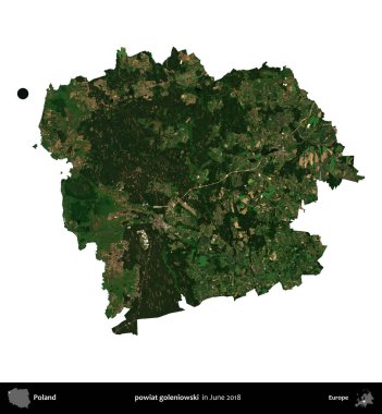 powiat goleniowski. Polonya idari bölgesi, Haziran 2018 'de çekilen Kopernik Nöbetçi karolarından oluşan bir uydu görüntüsü üzerinde beyaza izole edildi.