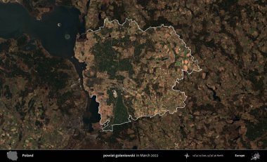 powiat goleniowski. Polonya 'nın idari alanı, Mart 2022' de çekilen Kopernik Nöbetçi karolarından oluşan koyu renkli bir uydu görüntüsü üzerine vurgulandı ve özetlendi.