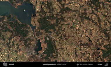 powiat goleniowski. Copernicus Sentinel 'in Mart 2022' de çekilmiş uydu görüntüsü üzerine Polonya 'nın idari bölgesi.