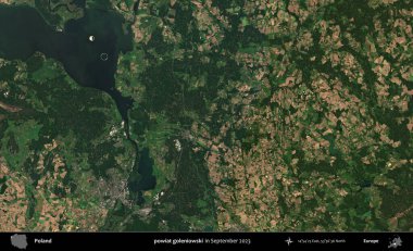 powiat goleniowski. Eylül 2023 'te Copernicus Sentinel karolarından oluşan uydu görüntüsü üzerine Polonya' nın idari bölgesi