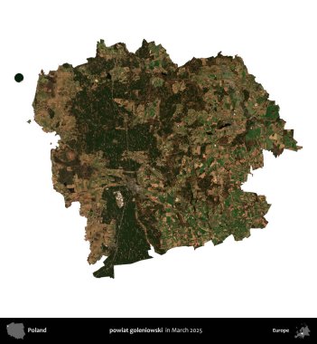 powiat goleniowski. Polonya idari bölgesi, Mart 2025 'te çekilen Kopernik Nöbetçi karolarından oluşan bir uydu görüntüsü üzerinde beyaza izole edildi.
