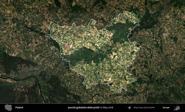 powiat golubsko-dobrzynski. Polonya 'nın idari alanı, Mayıs 2016' da çekilen Kopernik Nöbetçi karolarından oluşan koyu renkli bir uydu görüntüsü üzerine vurgulandı ve özetlendi